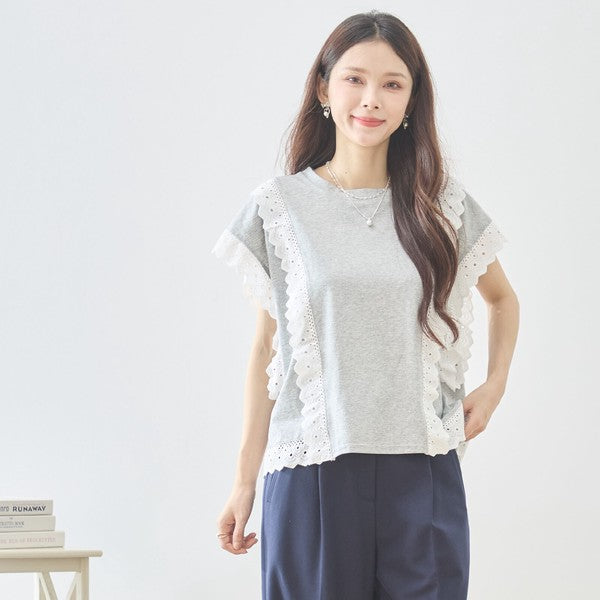 前身頃 サイド カットワークレース 縦ライン装飾 フレンチスリーブ トップス 綿混 ゆったり 体型カバー M-L