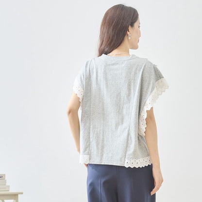 前身頃 サイド カットワークレース 縦ライン装飾 フレンチスリーブ トップス 綿混 ゆったり 体型カバー M-L