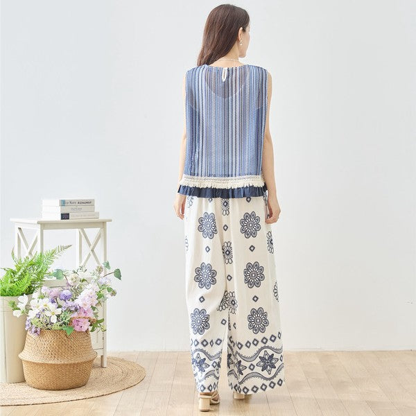 エスニック マンダラ フラワー柄 ラップ風 ワイドパンツ スカーチョ M-L