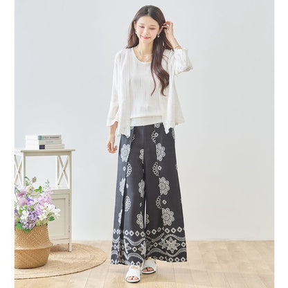 エスニック マンダラ フラワー柄 ラップ風 ワイドパンツ スカーチョ M-L