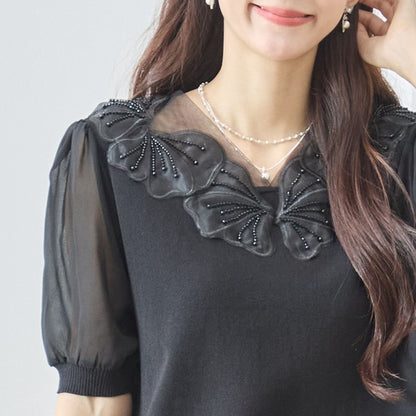胸元3Dフラワー装飾 シアー パフスリーブ ニット トップス 半袖 ゆったり M-L 体型カバー