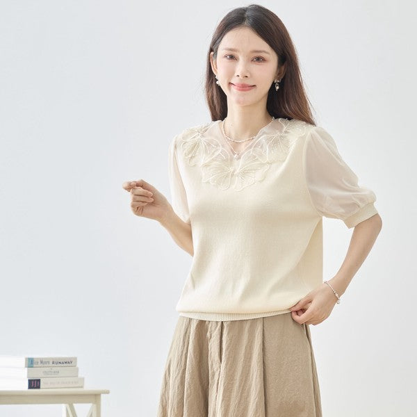 胸元3Dフラワー装飾 シアー パフスリーブ ニット トップス 半袖 ゆったり M-L 体型カバー
