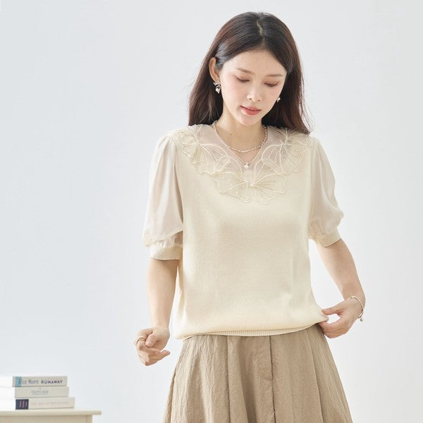 胸元3Dフラワー装飾 シアー パフスリーブ ニット トップス 半袖 ゆったり M-L 体型カバー