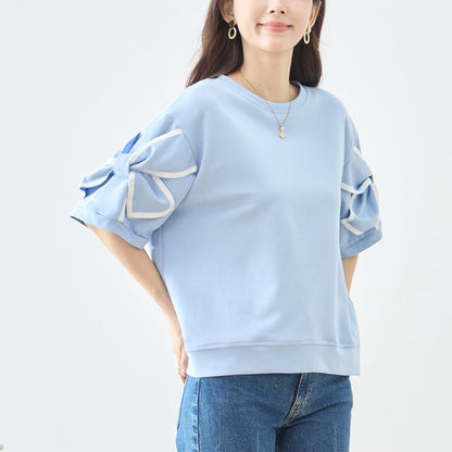 配色パイピング リボンモチーフ フレアスリーブ 半袖 トップス ゆったり M-L