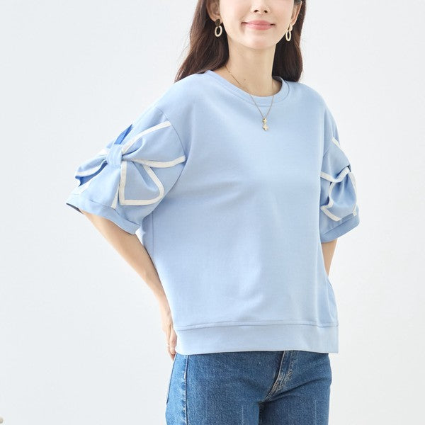 配色パイピング リボンモチーフ フレアスリーブ 半袖 トップス ゆったり M-L