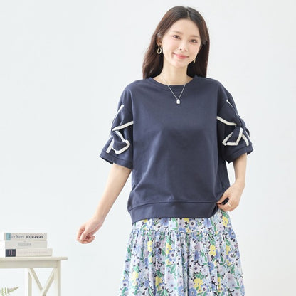 配色パイピング リボンモチーフ フレアスリーブ 半袖 トップス ゆったり M-L