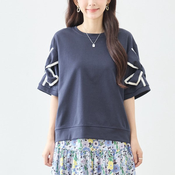 配色パイピング リボンモチーフ フレアスリーブ 半袖 トップス ゆったり M-L
