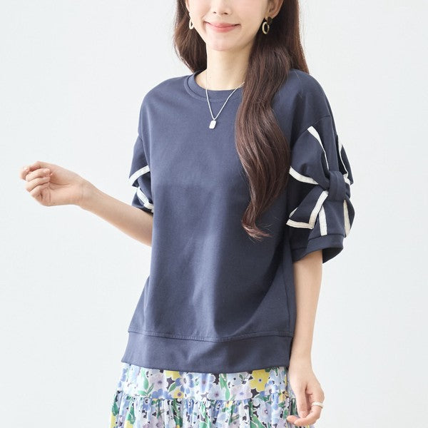 配色パイピング リボンモチーフ フレアスリーブ 半袖 トップス ゆったり M-L