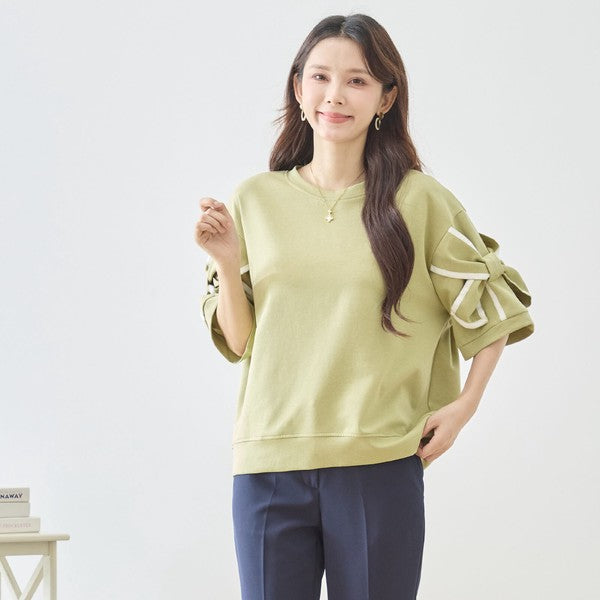 配色パイピング リボンモチーフ フレアスリーブ 半袖 トップス ゆったり M-L