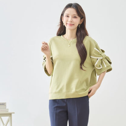 配色パイピング リボンモチーフ フレアスリーブ 半袖 トップス ゆったり M-L
