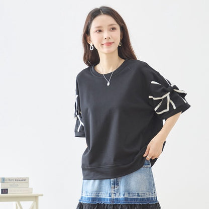 配色パイピング リボンモチーフ フレアスリーブ 半袖 トップス ゆったり M-L
