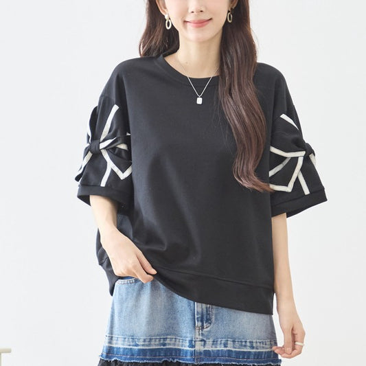 配色パイピング リボンモチーフ フレアスリーブ 半袖 トップス ゆったり M-L