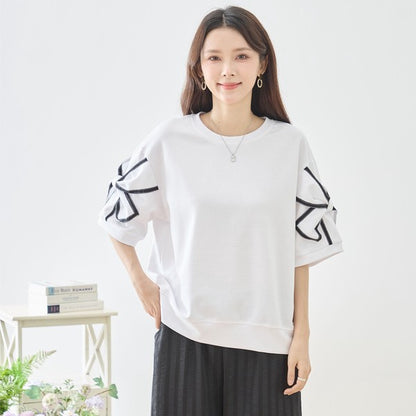 配色パイピング リボンモチーフ フレアスリーブ 半袖 トップス ゆったり M-L