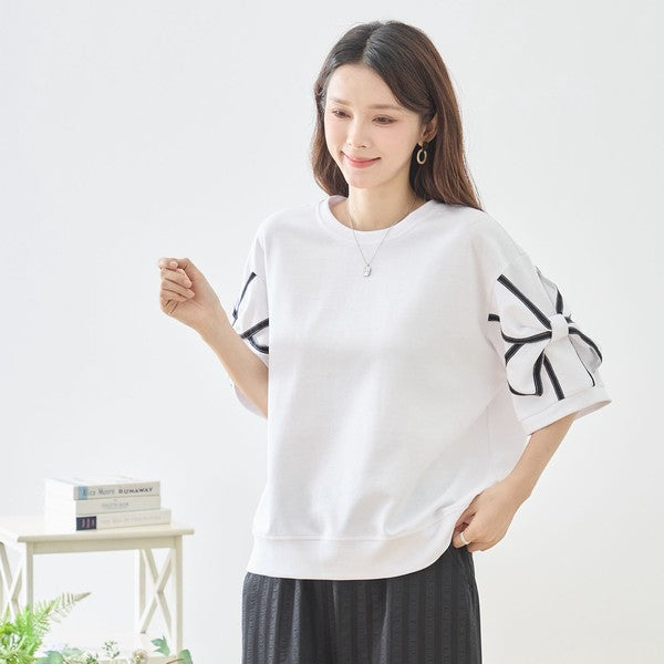 配色パイピング リボンモチーフ フレアスリーブ 半袖 トップス ゆったり M-L