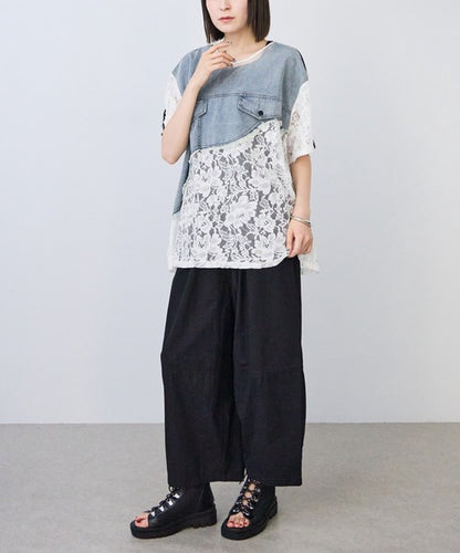 デニム ドッキング シアー レース Tシャツ 半袖 ゆったり 体型カバー 夏 涼感