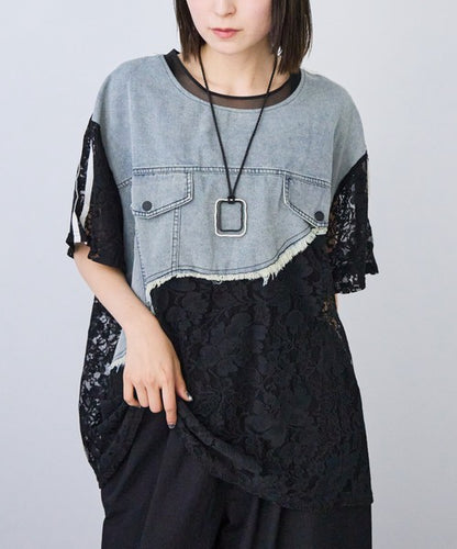 デニム ドッキング シアー レース Tシャツ 半袖 ゆったり 体型カバー 夏 涼感