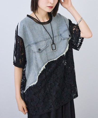 デニム ドッキング シアー レース Tシャツ 半袖 ゆったり 体型カバー 夏 涼感