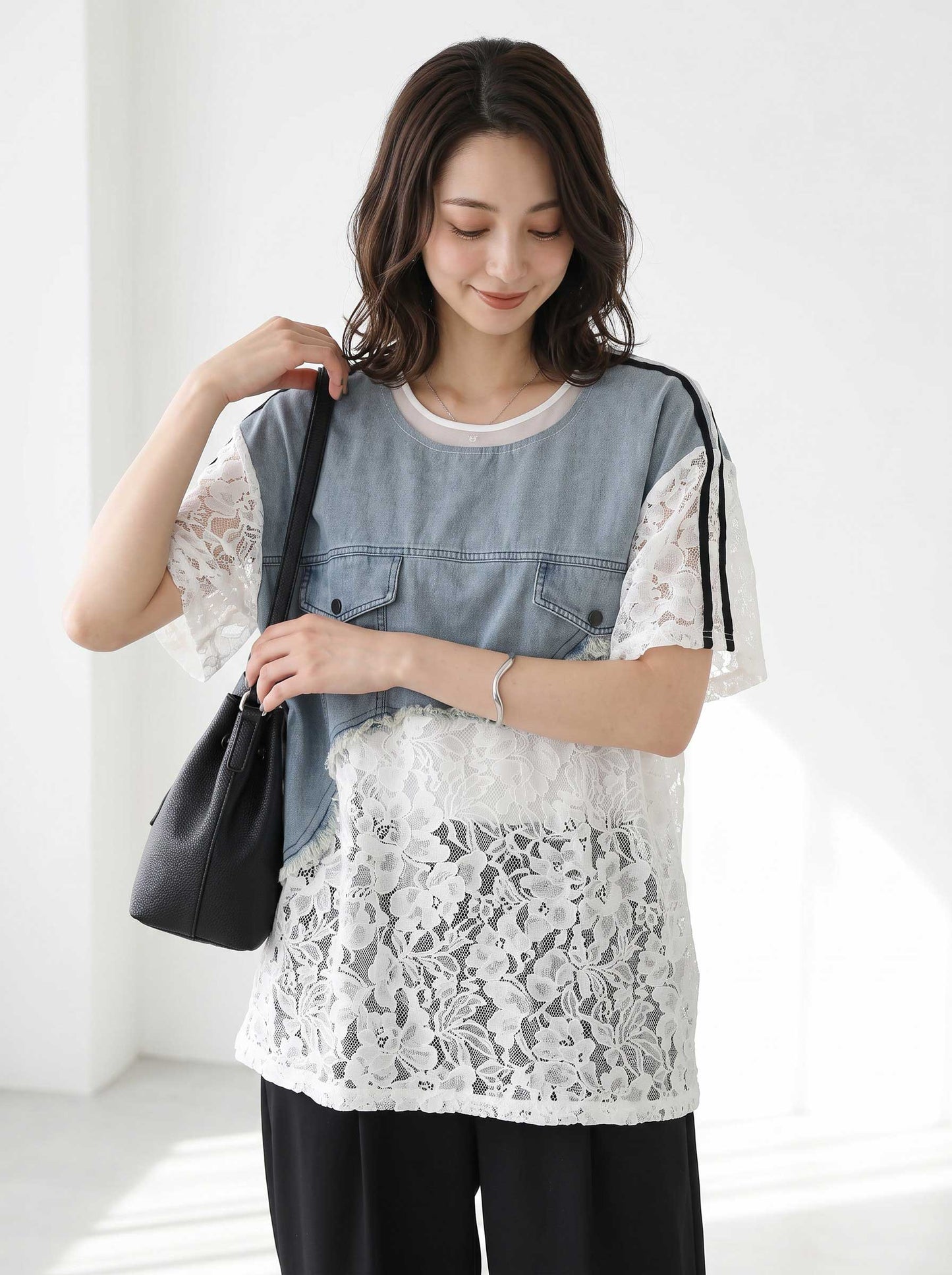 デニム ドッキング シアー レース Tシャツ 半袖 ゆったり 体型カバー 夏 涼感