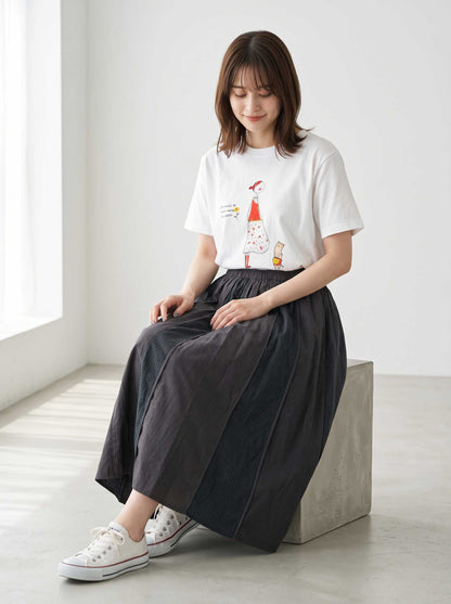 猫と女の子 イラストプリント Ｔシャツ 半袖 綿混 ストレッチ ゆったり Ｍ〜Ｌ