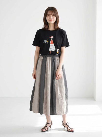 猫と女の子 イラストプリント Ｔシャツ 半袖 綿混 ストレッチ ゆったり Ｍ〜Ｌ