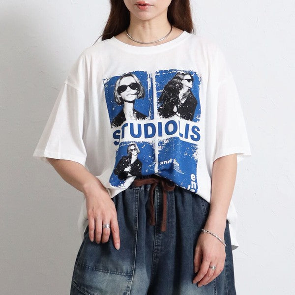 フォトＴシャツ 半袖 オーバーサイズ ビッグシルエット ロック カジュアル 春夏 大人の女性 白