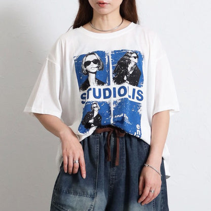 フォトＴシャツ 半袖 オーバーサイズ ビッグシルエット ロック カジュアル 春夏 大人の女性 白