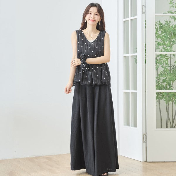 ドット×ストライプ ペプラム ジレベスト シュシュ 2点セット 後ろリボン 体型カバー M-L