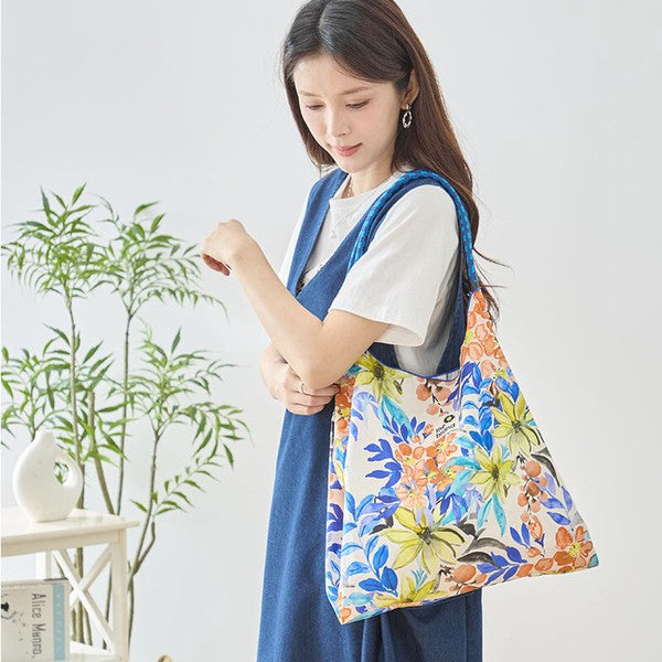 綿100% ドロスト ロープハンドル トートバッグ エコバッグ サブバッグ 大容量 花柄