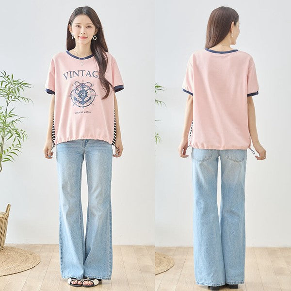 アンカー柄 プリント 配色 サイドボーダー Tシャツ 裾ドロスト 体型カバー ゆったり M-L