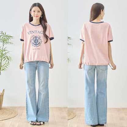 アンカー柄 プリント 配色 サイドボーダー Tシャツ 裾ドロスト 体型カバー ゆったり M-L