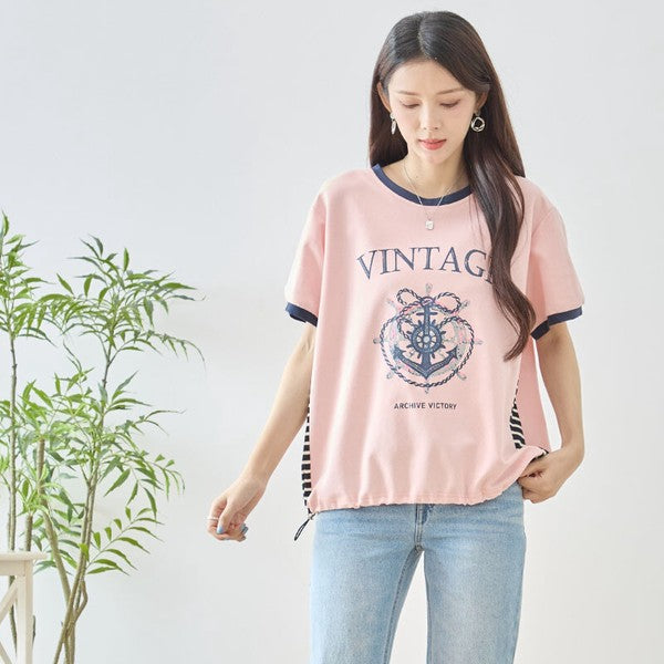 アンカー柄 プリント 配色 サイドボーダー Tシャツ 裾ドロスト 体型カバー ゆったり M-L