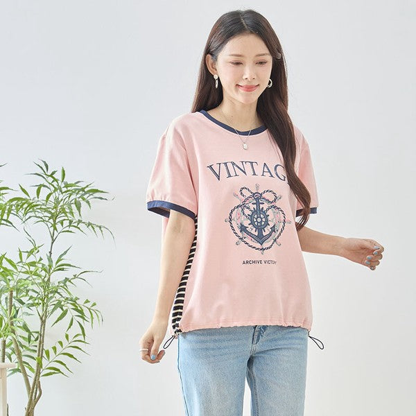 アンカー柄 プリント 配色 サイドボーダー Tシャツ 裾ドロスト 体型カバー ゆったり M-L