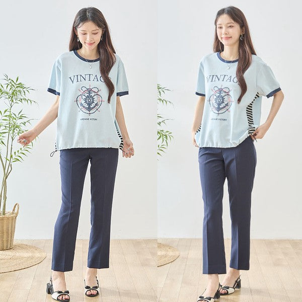 アンカー柄 プリント 配色 サイドボーダー Tシャツ 裾ドロスト 体型カバー ゆったり M-L