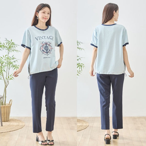 アンカー柄 プリント 配色 サイドボーダー Tシャツ 裾ドロスト 体型カバー ゆったり M-L
