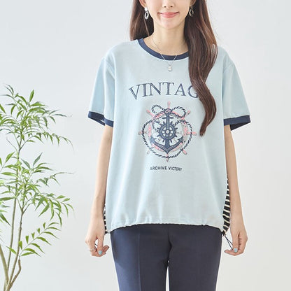 アンカー柄 プリント 配色 サイドボーダー Tシャツ 裾ドロスト 体型カバー ゆったり M-L