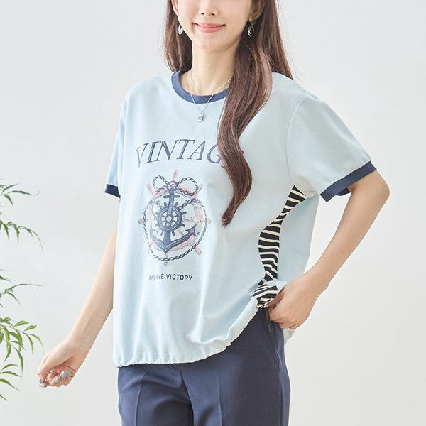 アンカー柄 プリント 配色 サイドボーダー Tシャツ 裾ドロスト 体型カバー ゆったり M-L