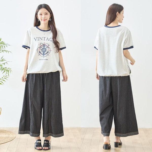 アンカー柄 プリント 配色 サイドボーダー Tシャツ 裾ドロスト 体型カバー ゆったり M-L