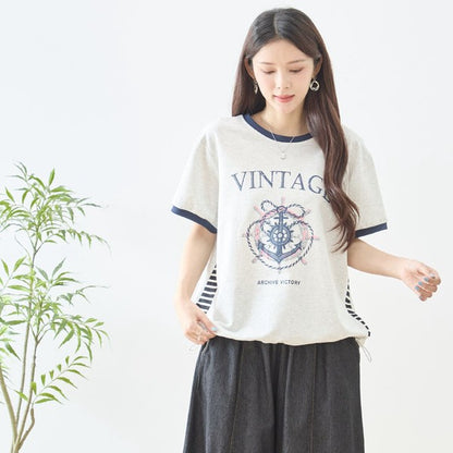 アンカー柄 プリント 配色 サイドボーダー Tシャツ 裾ドロスト 体型カバー ゆったり M-L