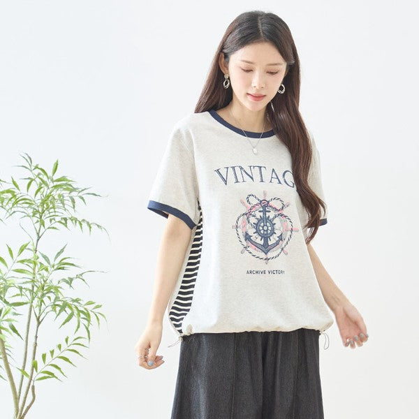 アンカー柄 プリント 配色 サイドボーダー Tシャツ 裾ドロスト 体型カバー ゆったり M-L