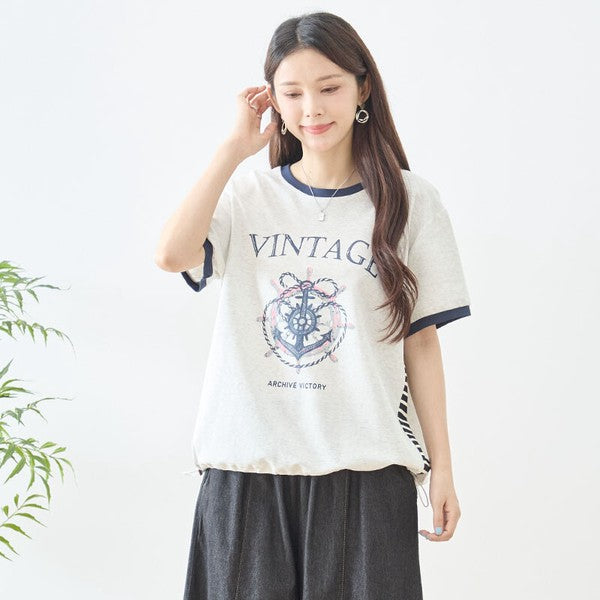 アンカー柄 プリント 配色 サイドボーダー Tシャツ 裾ドロスト 体型カバー ゆったり M-L