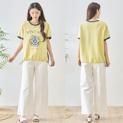アンカー柄 プリント 配色 サイドボーダー Tシャツ 裾ドロスト 体型カバー ゆったり M-L