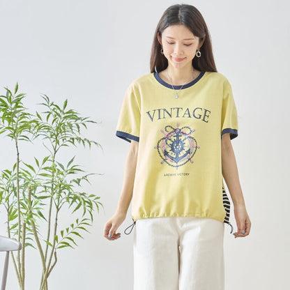 アンカー柄 プリント 配色 サイドボーダー Tシャツ 裾ドロスト 体型カバー ゆったり M-L