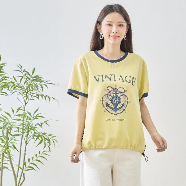 アンカー柄 プリント 配色 サイドボーダー Tシャツ 裾ドロスト 体型カバー ゆったり M-L