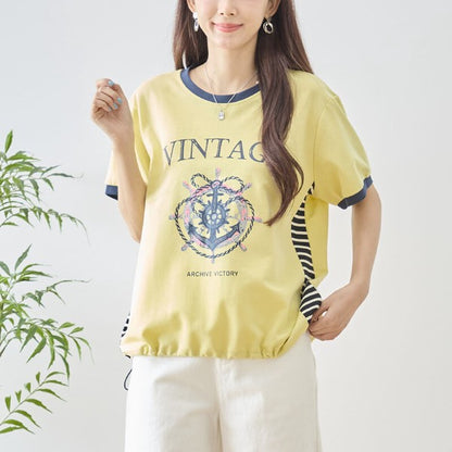 アンカー柄 プリント 配色 サイドボーダー Tシャツ 裾ドロスト 体型カバー ゆったり M-L