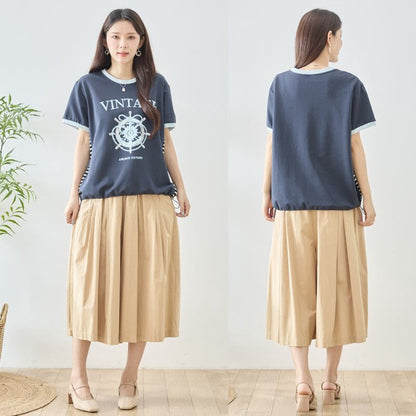 アンカー柄 プリント 配色 サイドボーダー Tシャツ 裾ドロスト 体型カバー ゆったり M-L