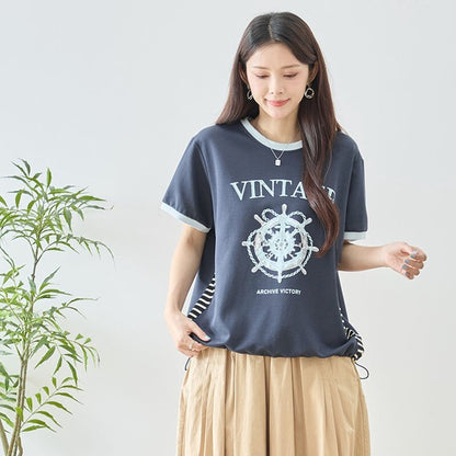 アンカー柄 プリント 配色 サイドボーダー Tシャツ 裾ドロスト 体型カバー ゆったり M-L