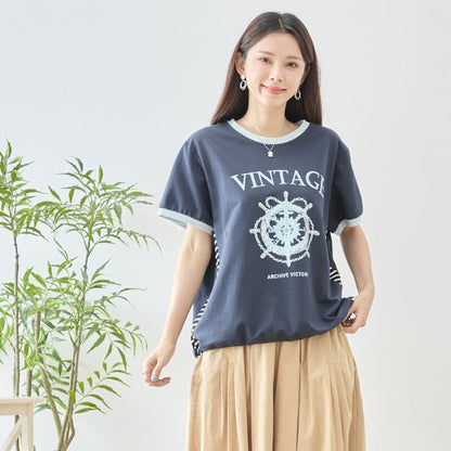 アンカー柄 プリント 配色 サイドボーダー Tシャツ 裾ドロスト 体型カバー ゆったり M-L