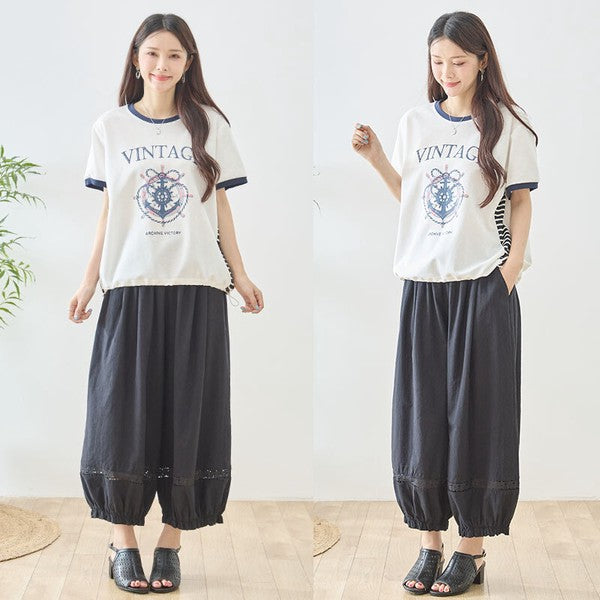 アンカー柄 プリント 配色 サイドボーダー Tシャツ 裾ドロスト 体型カバー ゆったり M-L