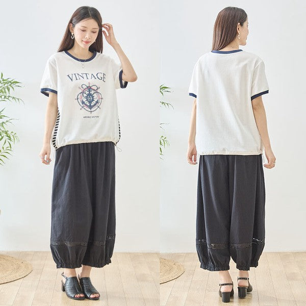 アンカー柄 プリント 配色 サイドボーダー Tシャツ 裾ドロスト 体型カバー ゆったり M-L