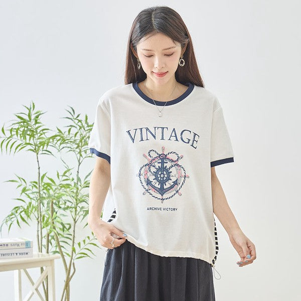 アンカー柄 プリント 配色 サイドボーダー Tシャツ 裾ドロスト 体型カバー ゆったり M-L